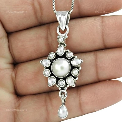 Redondo Perla Piedra Preciosa Plata de Ley Hermana June Nacimiento Boda Artesano - Imagen 1 de 4