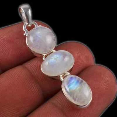 Sottile Arcobaleno Pietra di Luna Gemma 925 Argento Sterling Artigianale Pendant - Immagine 1 di 4