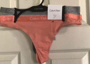 Calvin Klein Thongs Panties Women’s Small 2 Pair (Peach & Gray ) Thick Band NWT - Picture 1 of 9