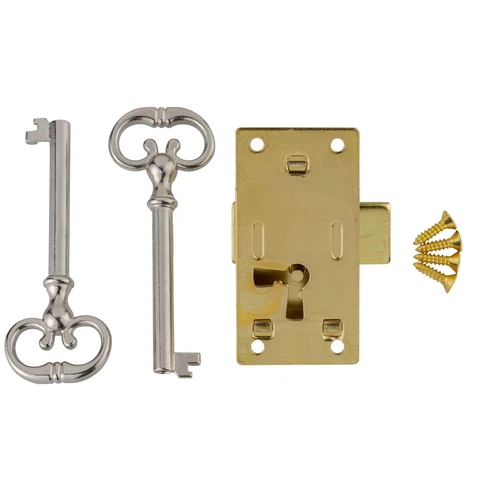 Medium Brass Plated Flush Mount Lock for Cabinet Doors or Dresser Drawers w/S Cover