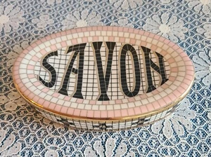Anthropolgie Bistro Tile ~ "SAVON" Soap Dish ~ White, Gold, Black & Pink ~ VGUC - Picture 1 of 10