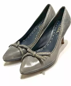 PRADA Classic Blue Gray Pastel Leather Bow Trim Stitched High Heel Pumps 7.5 38 - Picture 1 of 7