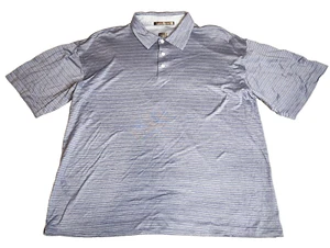 Tiger Woods Mens Polo Shirt Sz L Blue Gray White Stripe Short Sleeve EUC - Picture 1 of 9