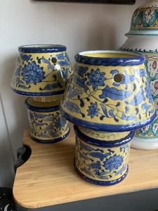 Vintage Ceramic Tea Light Lamps United Wilson Porcelain 1897 Hand Painted Blue - Picture 1 of 8