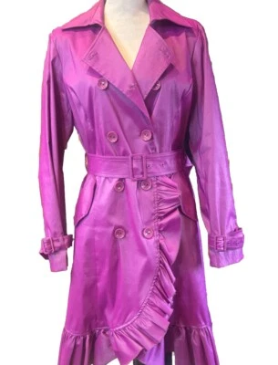 👠🧥🩷💜 Samuel Dong Iridescent Pink Purple Long Sleeve Ruffled Trench Coat Sz L - Image 1 of 4