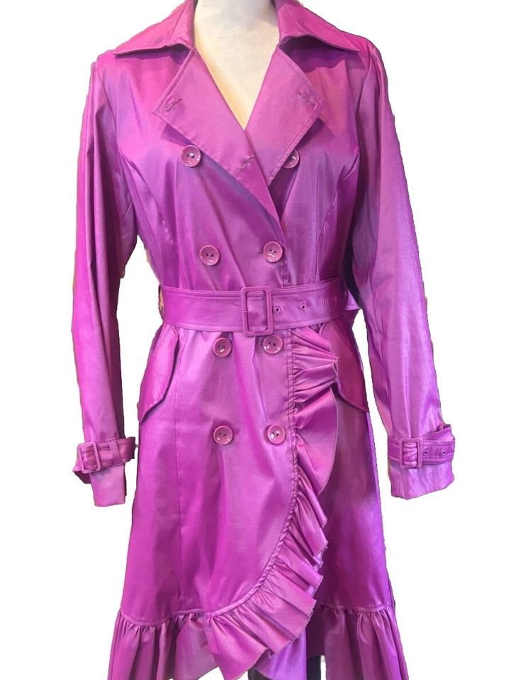 👠🧥🩷💜 Samuel Dong Iridescent Pink Purple Long Sleeve Ruffled Trench Coat Sz L - Image 1 of 4