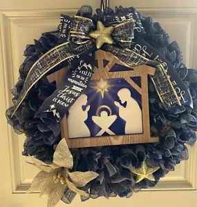 Christmas Indoor Outdoor Front Door Wreath Nativity Navy Plaid Lights Up - Picture 1 of 7