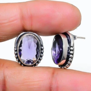 Purple Amethyst Gemstone 925 Sterling Silver Jewelry Stud Earring Sz 0.75" - Picture 1 of 1