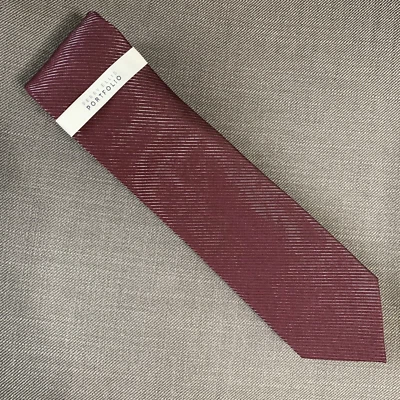 Gravata masculina Perry Ellis gola alta listra prata borgonha sólida clássica MSRP $55 - Imagem 1 de 3