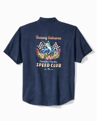 TOMMY BAHAMA Blue Marlin Speed Club 100% Silk Embroidered Shirt Medium - Image 1 of 2