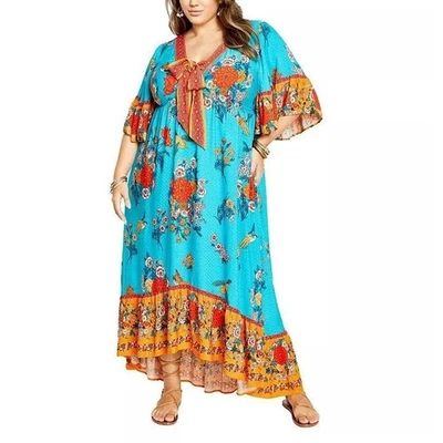 City Chic Womens Maxi Dress Plus L 20 2X Blue Orange Floral Tie Neck Bohemian - Image 1 of 4