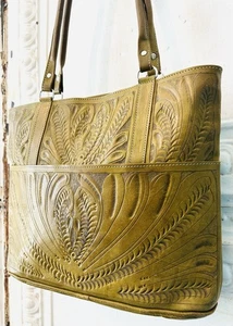 New Texian Leathers Leather Handcrafted Tooled Foliage Green Shoulder Tote Bag - Picture 1 of 8