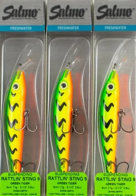 (LOT OF 3) SALMO RATTLIN' STING 9 SUSPENDING 2/5OZ QRS009 GREEN TIGER B7107 - Image 1 of 2