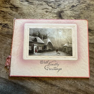 Vintage/Antique-Christmas Card-Snowy Cottages-With Kindly Greetings-Used - Image 1 of 4