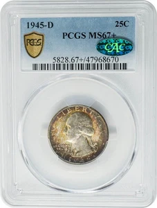 1945-D Washington Quarter 25c MS67+ Secure PCGS ~ CAC 950690-14 - Picture 1 of 5