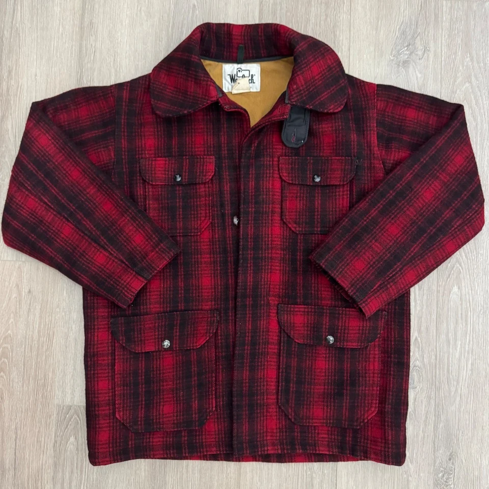 vintage 60s Woolrich Hunting Jacket Men 44 Red Plaid Wool Blend Coat Mackinaw - Image 1 of 4