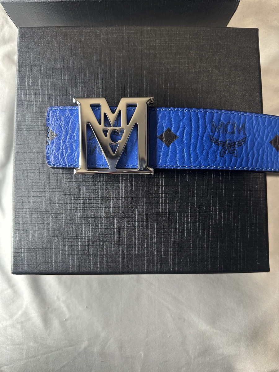 MCM ベルト 青色 レザー Mロゴ MCM Women's Blue Leather Gold 'M' Buckle Belt 39.5” MCM Logo