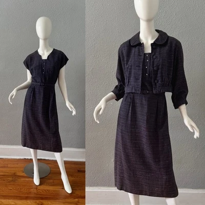 Vintage 40s 50s Classic 3 Pc Belt Dress Crop Suit Jacket Set L - Image 1 of 4