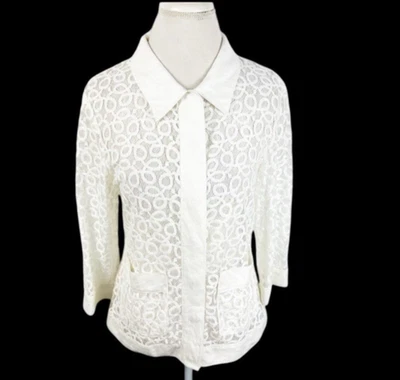Yansi Fugel Blanco Remolino Abierto Encaje Botón Chaqueta Camisa Top De Colección Talla M Foto 1 de 4