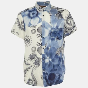 Camicia Class by Roberto Cavalli bianca/blu in cotone stampato manica corta XXL - Foto 1 di 5