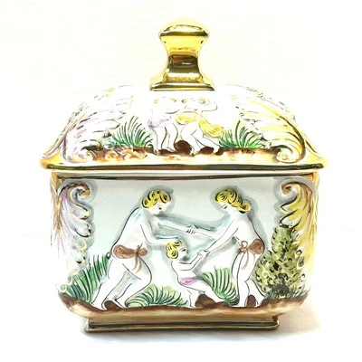 Plato querubines vintage pintado a mano de cerámica Alcobaca Portugal con tapa Foto 1 de 4