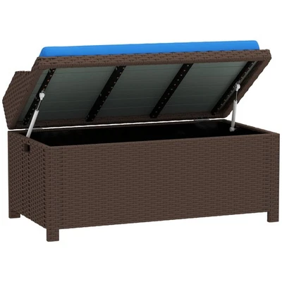 Outdoor Wicker Storage Bench With Storage & Cushion, Blue - Image 1 of 4