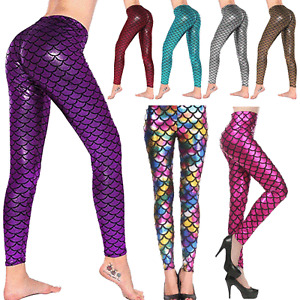 New Womens Fish Scale Mermaid Leggings Ladies Metallic Shiny Sparkle Disco Pants