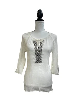 Blusa Maurices Para Mujer Mediana Marfil Bordada Estilo Boho Cuentas Cuello Atado Foto 1 de 4