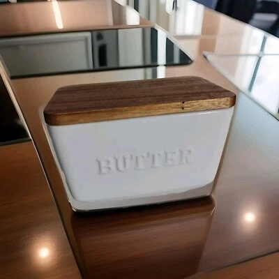 Better Homes & Gardens Porcelain Embossed White Butter Dish Acacia Wood Lid 5.5" - Image 1 of 4