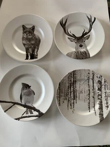 Lot Of 4 Salad Plates Snow Forest Pier 1 Fox Buck Bird Trees - Picture 1 of 10