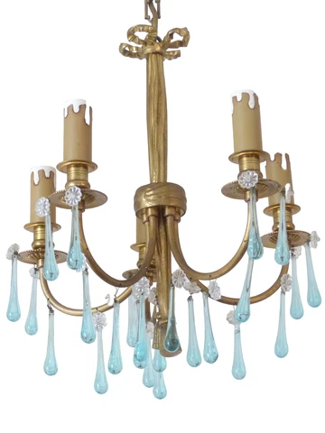 Charming French Vintage Bronze Louis XVI Chandelier Blue Glass Drops Ribbon 1970 Cover
