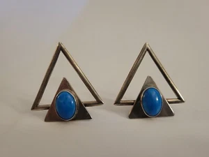 Signed Mexican Modernist Sterling turquoise blue stone Earrings set southwest - Picture 1 of 8