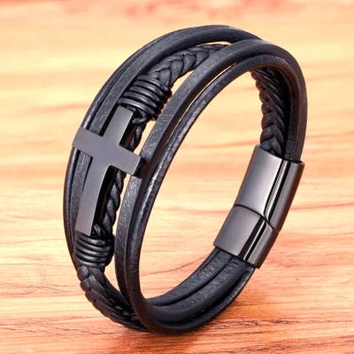 Brazalete de Cuero para Hombre Pulsera 3 en 1 Trenzada con Cruz y Cierre Magnet Foto 1 de 4