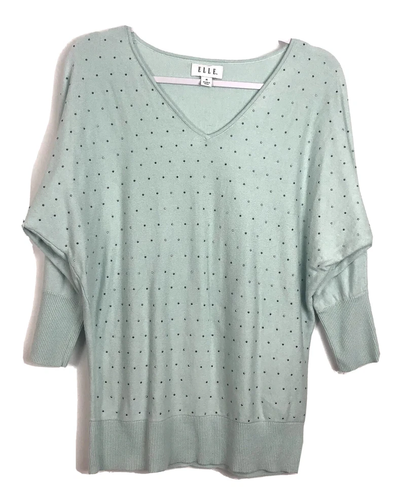 Suéter Dolman suave manga 3/4 mediana para mujer ELLE adornos metálicos verde Foto 1 de 4