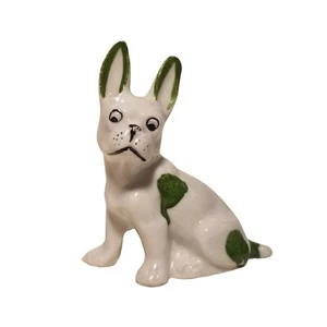 Vintage Bulldog Figurine Germany Green White Sitting Big Ears Puppy Dog Frenchie - Picture 1 of 11