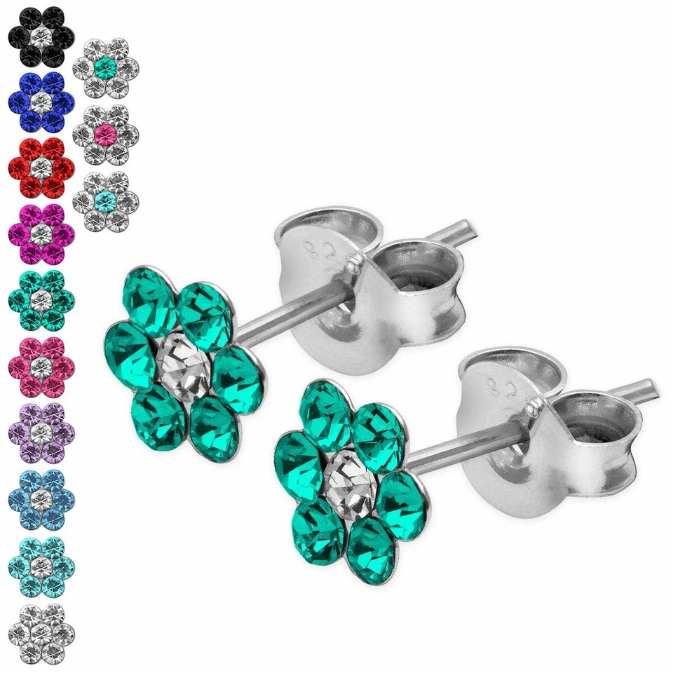Blumen Ohrstecker 925 Sterling Echtsilber Strasssteine Blau Türkis Pink Rosa - Bild 1 von 1