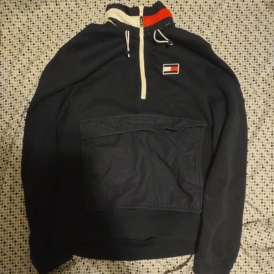 Толстовка мужская Tommy Hilfiger средний размер синяя красная с капюшоном флисовый карман кенгуру - Изображение 1 из 4