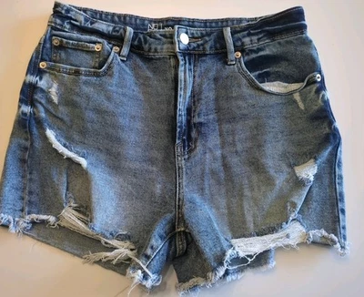 No Boundaries 短裤女式 13 蓝色高腰铐边破旧牛仔学院风 — 第 1/4 张图片