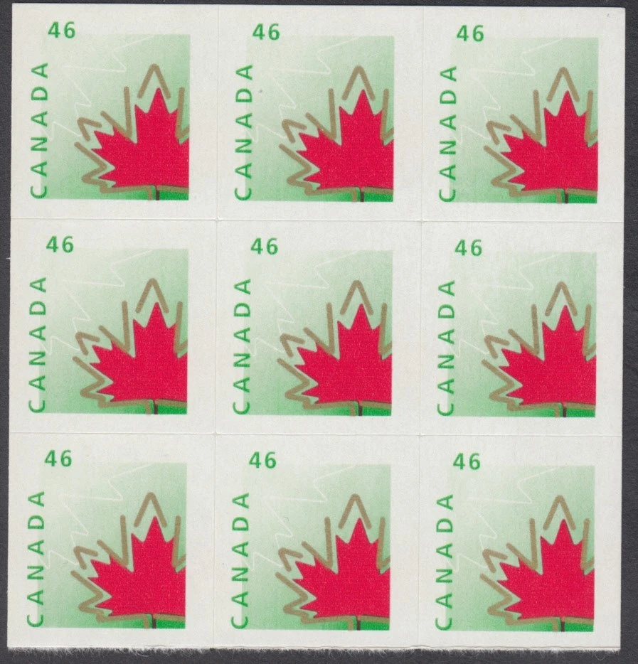 Canadá - Bloque de nueve estampillas autoadhesivas de hoja de arce estilizadas 46c #1699 - MNH Foto 1 de 2