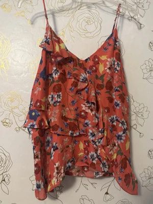Parker Tank Blouse Size Medium Ruffle  Coral  Floral Spaghetti Straps 017 - Image 1 of 4