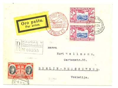 LITHUANIA 1934 REG AIRMAIL COVER = KAUNAS = TO GERMANY VF  - Image 1 of 2