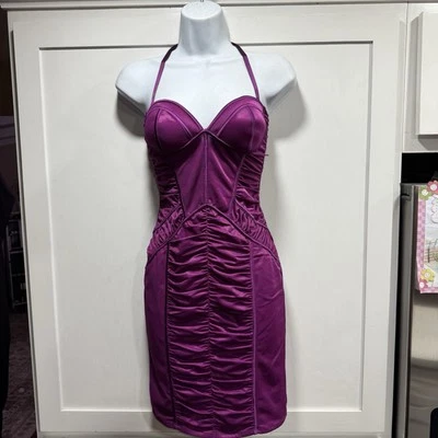 Bebe Y2K Halter Purple Bodycon Ruched Corset Dress Size S Club Pin Up Prom Hoco - Image 1 of 4