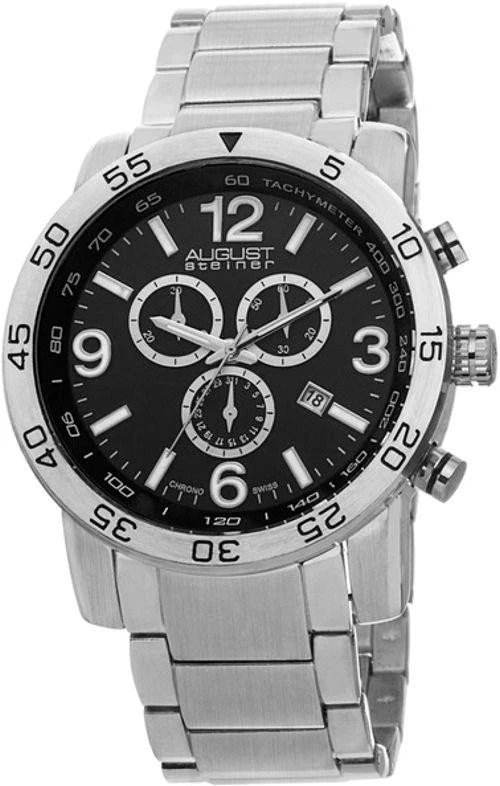 August Steiner AS8097SSB Men's 46mm Swiss Chrono Black Dial Watch Ships