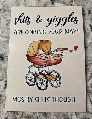 Tarjeta de felicitación en blanco recién nacido nuevo bebé divertido S**** y risitas 4,6x6,6 Foto 1 de 4