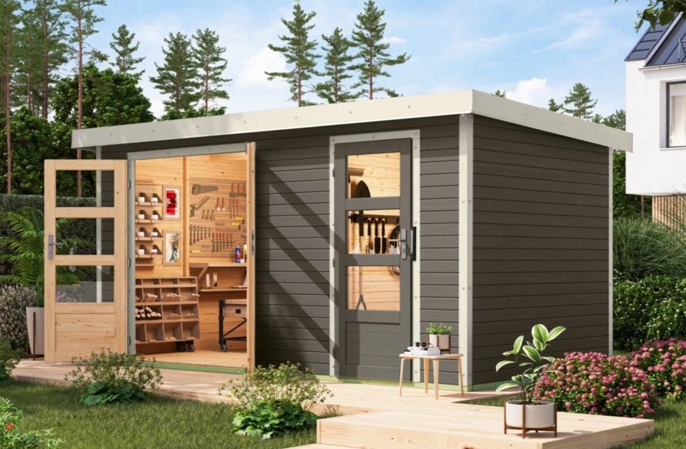 Gartenhaus Holz 19mm Gerätehaus Merkur grau 2-Raum 400x213cm +LAGERABVERKAUF+ - Bild 1 von 4