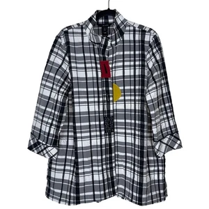 Ali Miles Art To Wear Button Down Plaid Crinkle Tunic Top Black White Size M - Picture 1 of 9