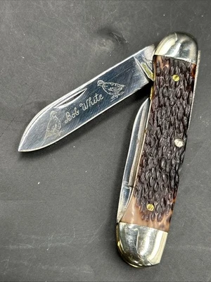 Vintage Bob White 2-blade Pocket Knife Jigged Bone Handle Brass Bolsters/Hunting - Image 1 of 4