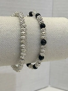 2 Silver Tone Design Stretch Expandable Beaded Bracelets Eye-catching Stackable - Picture 1 of 1