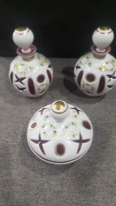 Bohemian Czech MOSER Red Cranberry Glass 2 Bottles And Dish Hand Painted Floral - Picture 1 of 8