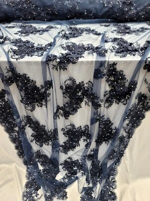 Navy Blue 3D Floral Embroidered With Rhinestones Mesh 3d Lace Fabric By The Yard - Image 1 of 4